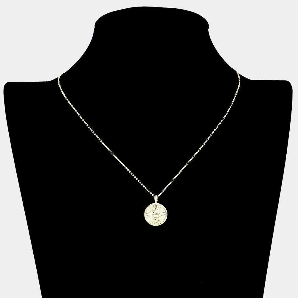 Gold Snake Accented Textured Brass Metal Round Pendant Necklace - Jewelry Store by Erik Rayo