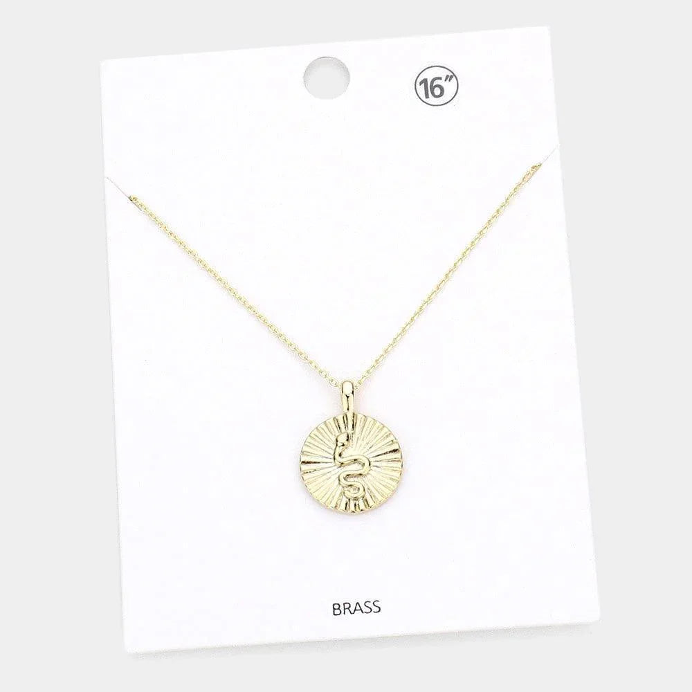 Gold Snake Accented Textured Brass Metal Round Pendant Necklace - Jewelry Store by Erik Rayo