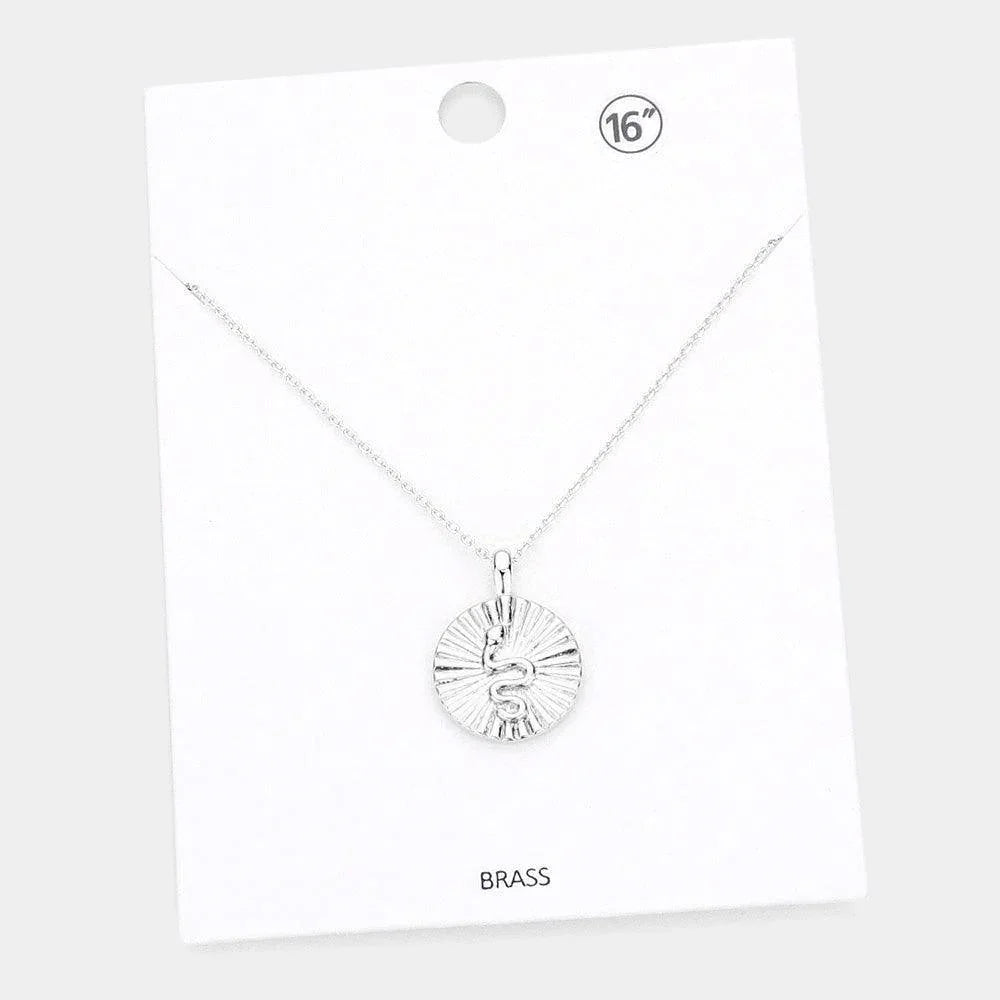 Snake Accented Textured Brass Metal Round Pendant Necklace - Jewelry Store by Erik Rayo