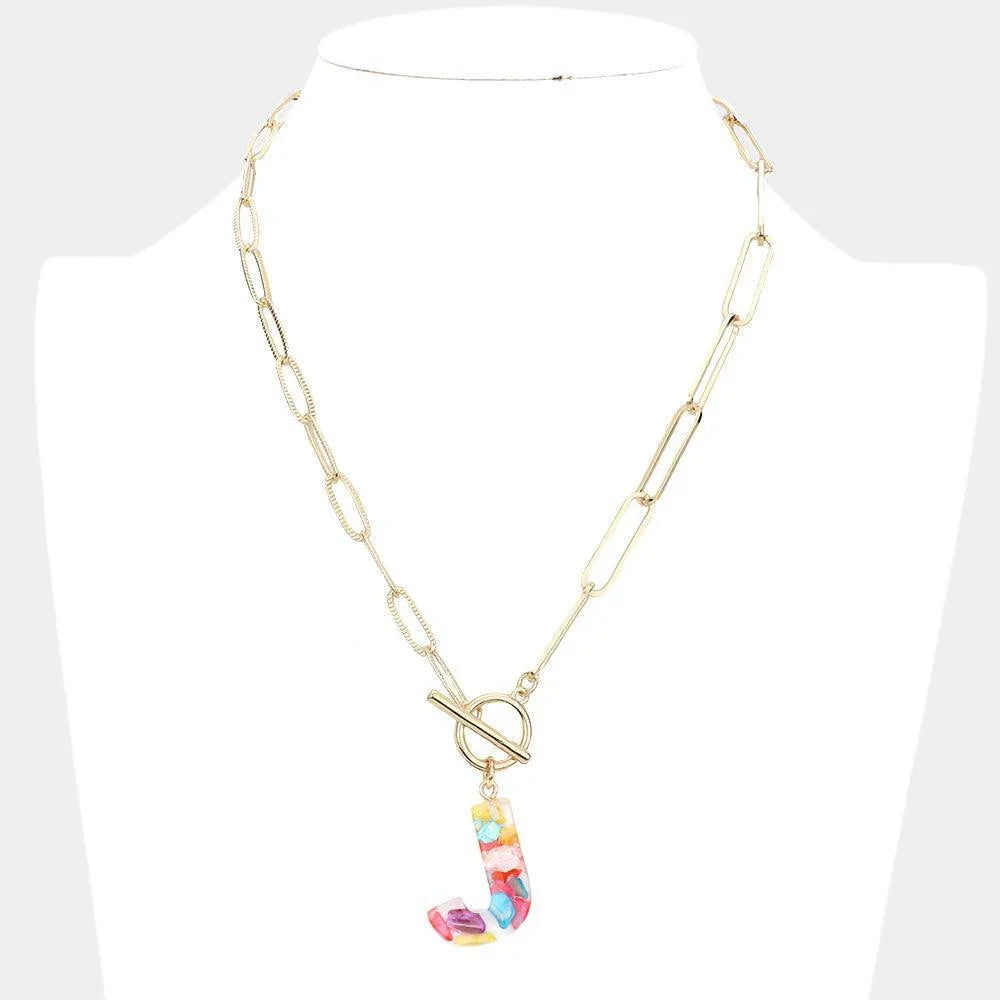 Letter J Colorful Monogram Pendant Toggle Necklace - Jewelry Store by Erik Rayo