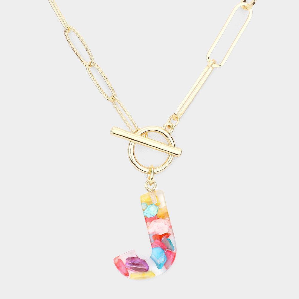 Letter J Colorful Monogram Pendant Toggle Necklace - Jewelry Store by Erik Rayo