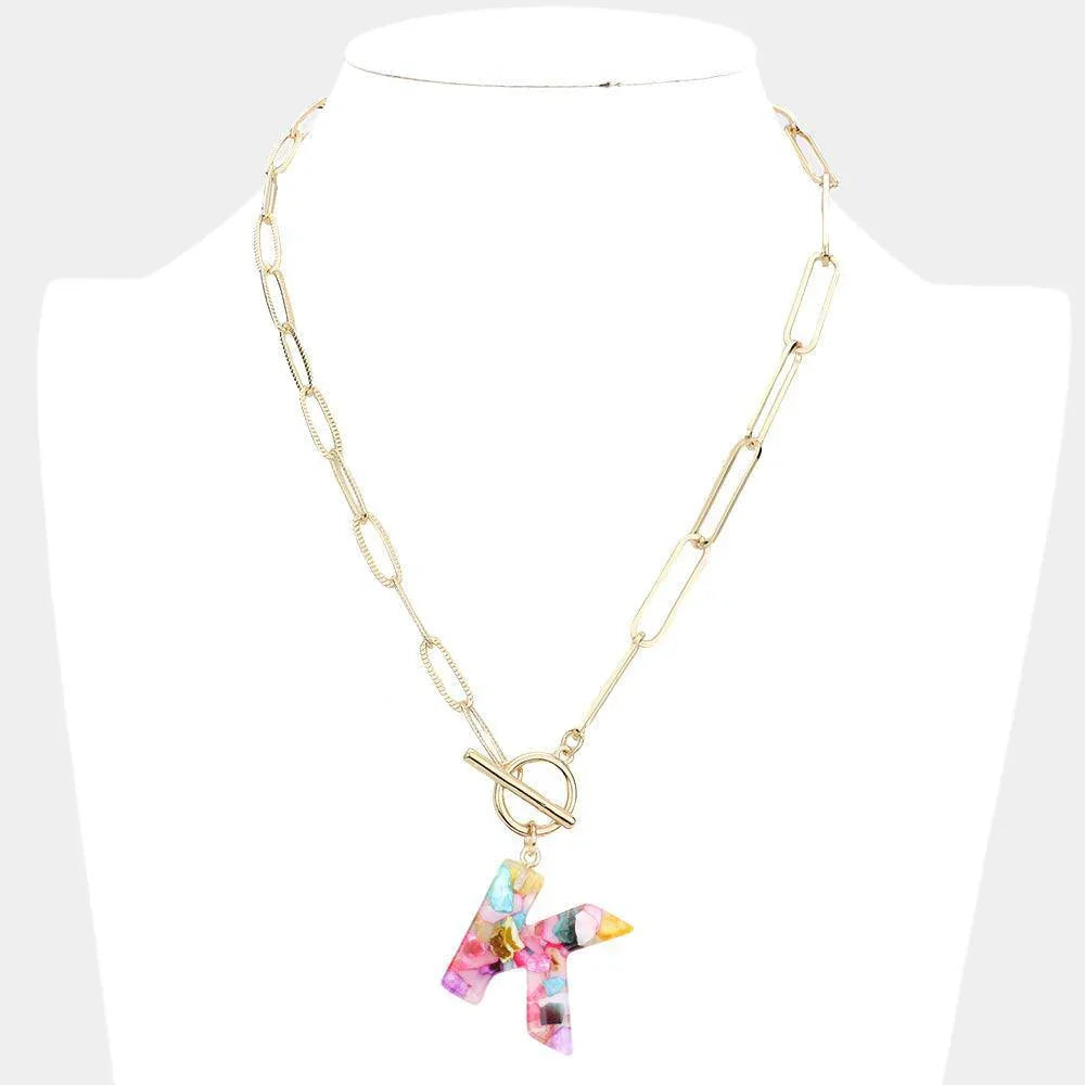 Letter K Colorful Monogram Pendant Toggle Necklace - Jewelry Store by Erik Rayo
