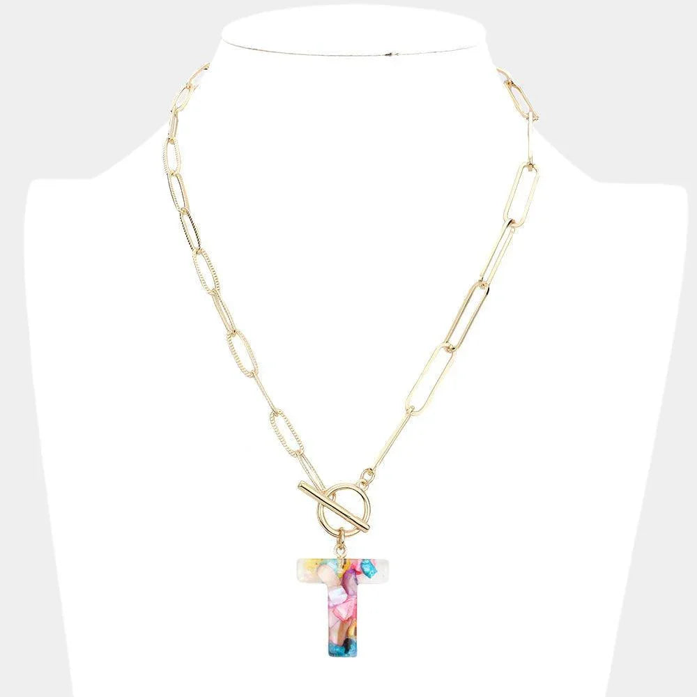 Letter T Colorful Monogram Pendant Toggle Necklace - Jewelry Store by Erik Rayo
