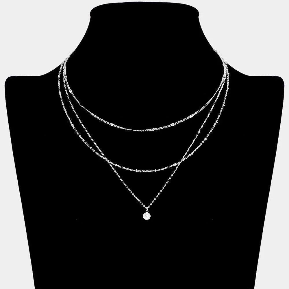 Brass Metal Round Stone Pendant Triple Layered Necklace - Jewelry Store by Erik Rayo