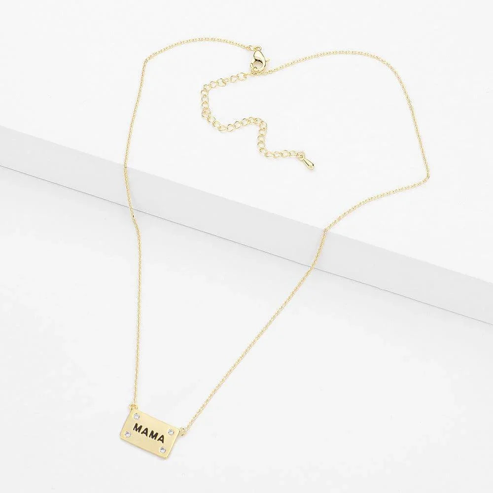 Gold MAMA Brass Metal Stone Embellished Rectangle Message Pendant Necklace - Jewelry Store by Erik Rayo