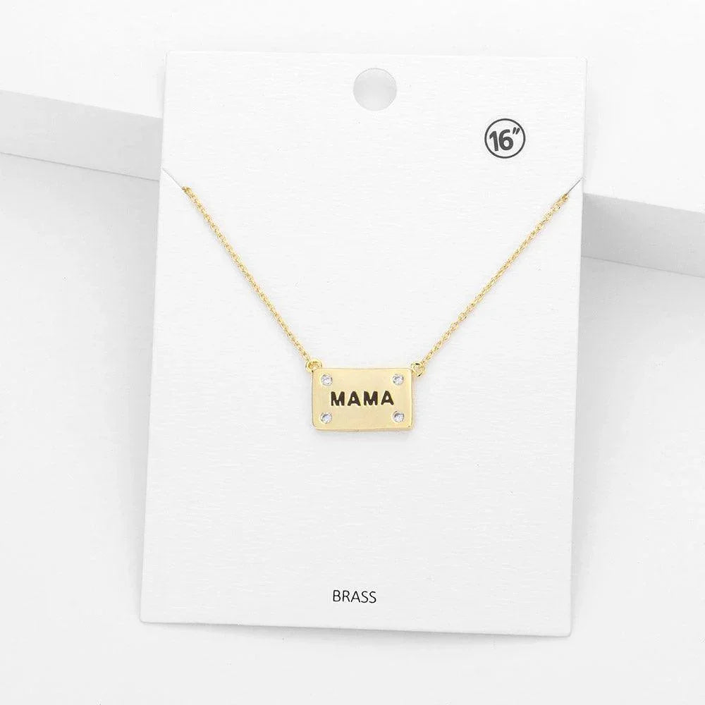 Gold MAMA Brass Metal Stone Embellished Rectangle Message Pendant Necklace - Jewelry Store by Erik Rayo