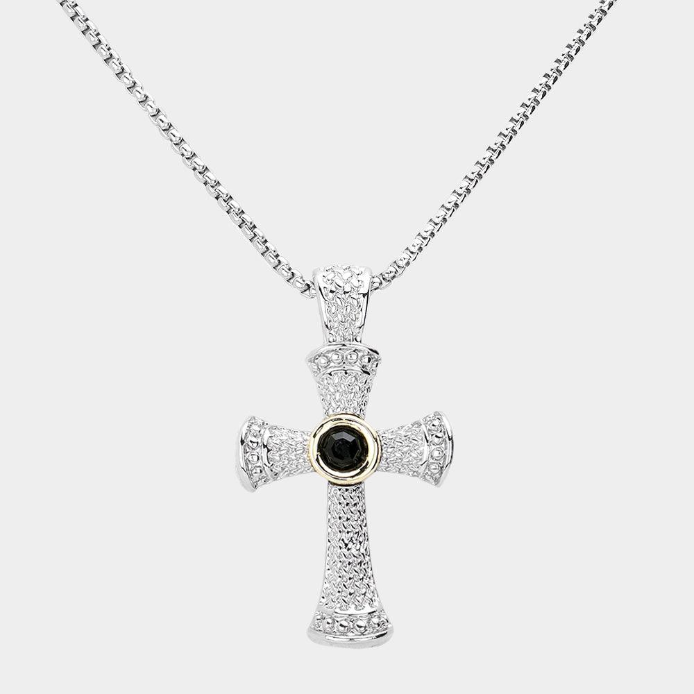 Black Stone Paved Cross Pendant Necklace