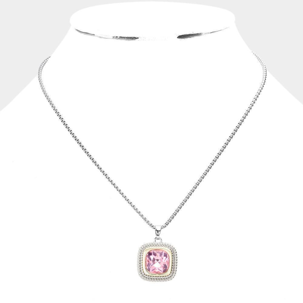 Pink Round Stone Square Pendant Necklace - Jewelry Store by Erik Rayo