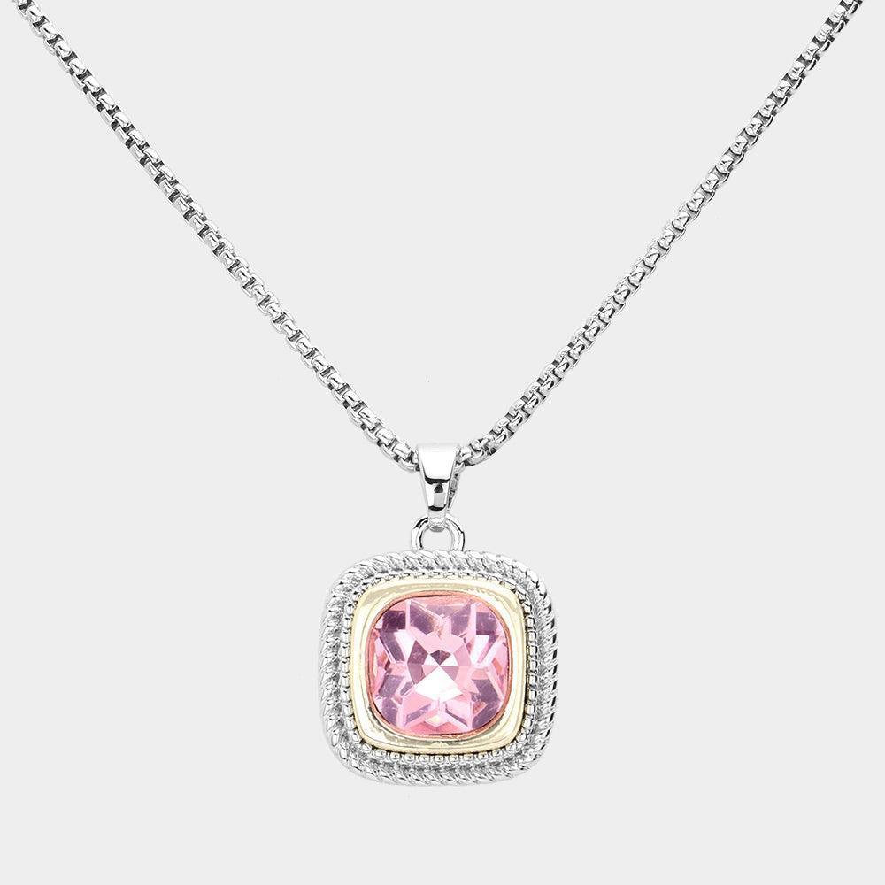 Pink Round Stone Square Pendant Necklace - Jewelry Store by Erik Rayo