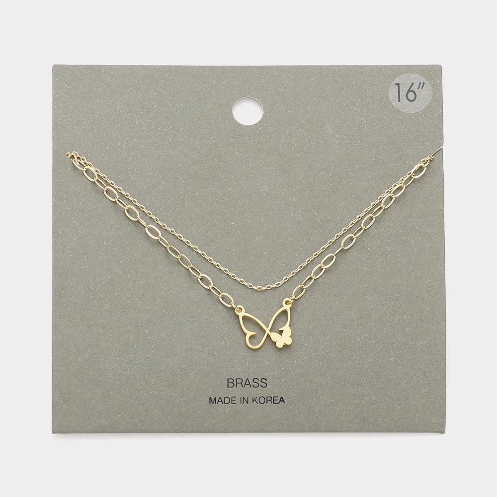 Gold Brass Metal Butterfly Pendant Double Layered Necklace - Jewelry Store by Erik Rayo
