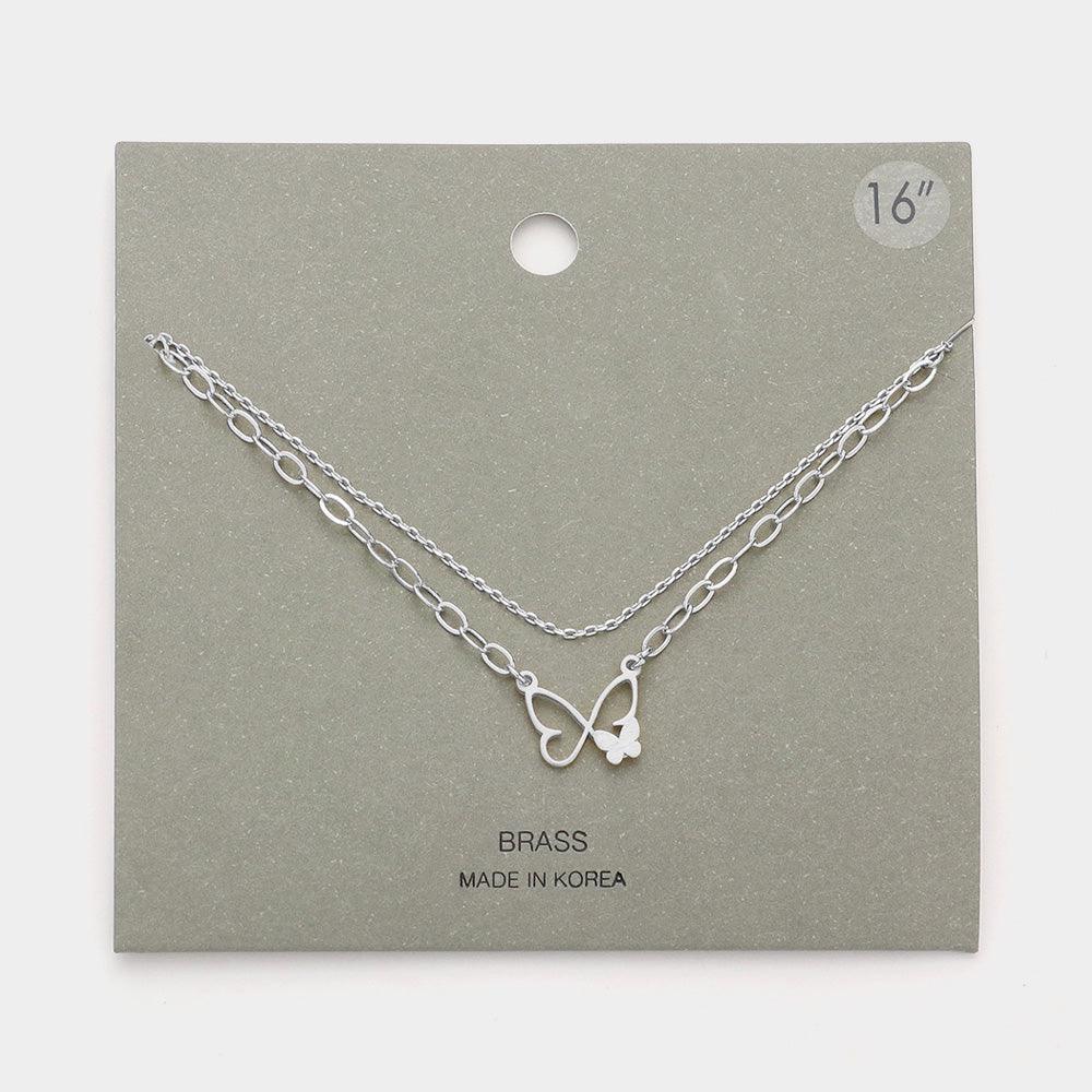 Silver Brass Metal Butterfly Pendant Double Layered Necklace - Jewelry Store by Erik Rayo