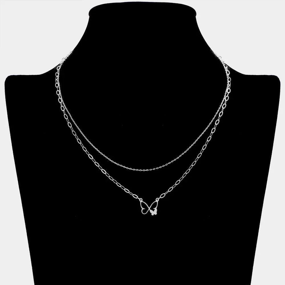 Silver Brass Metal Butterfly Pendant Double Layered Necklace - Jewelry Store by Erik Rayo