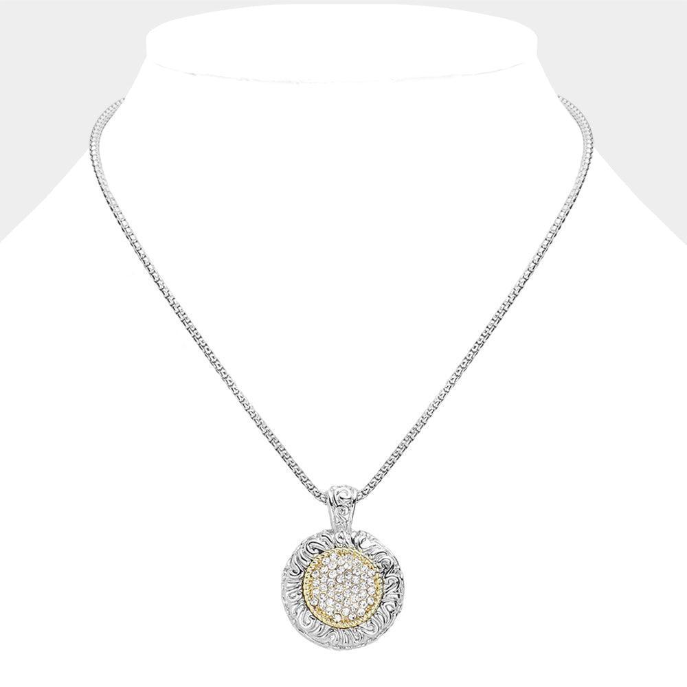 Gold 14K Gold Plated Two Tone Stone Paved Round Pendant Necklace - Jewelry Store by Erik Rayo