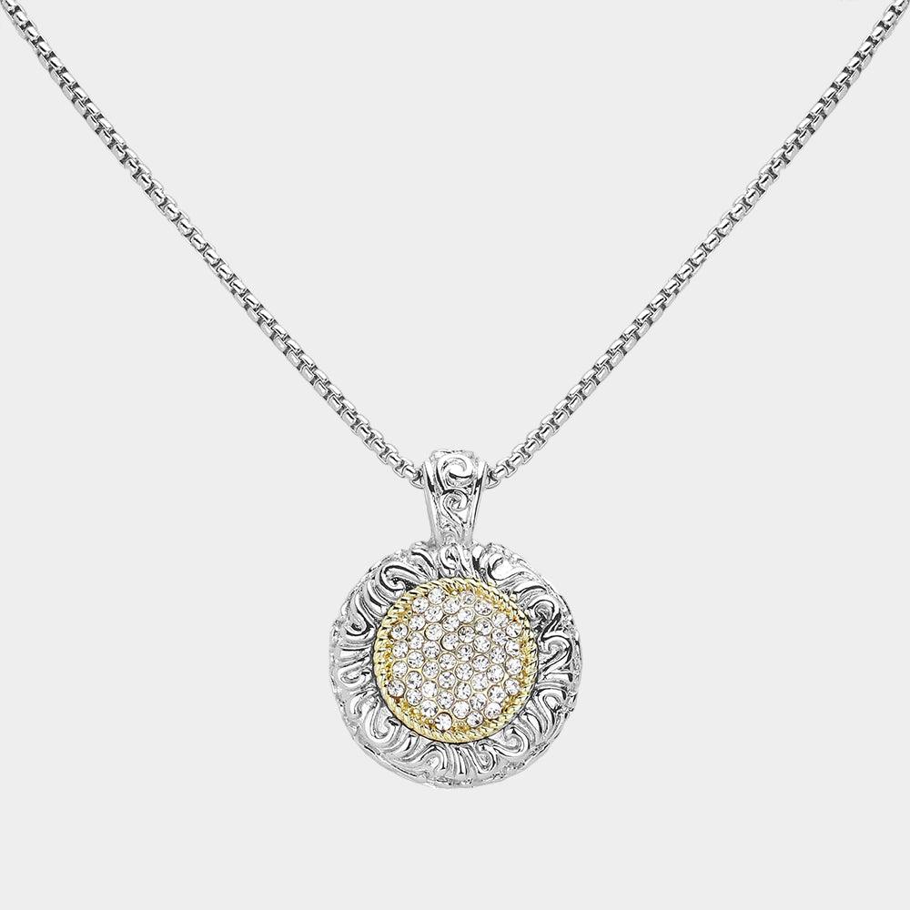 Gold 14K Gold Plated Two Tone Stone Paved Round Pendant Necklace