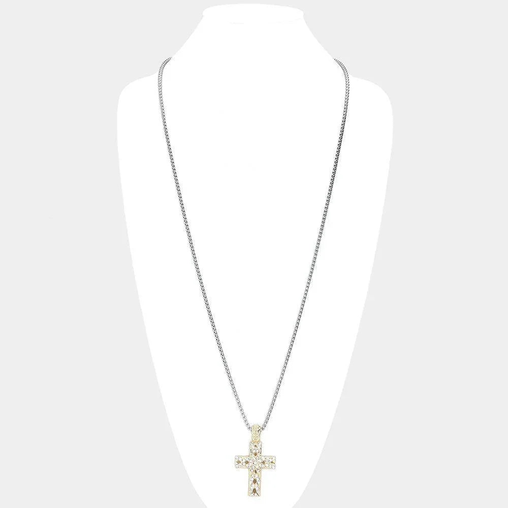 Gold 14K Gold Plated Two Tone Stone Embellished Cross Pendant Long Necklace - Jewelry Store by Erik Rayo