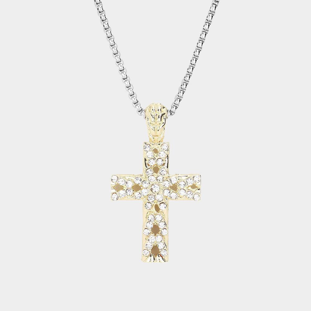Gold 14K Gold Plated Two Tone Stone Embellished Cross Pendant Long Necklace - Jewelry Store by Erik Rayo