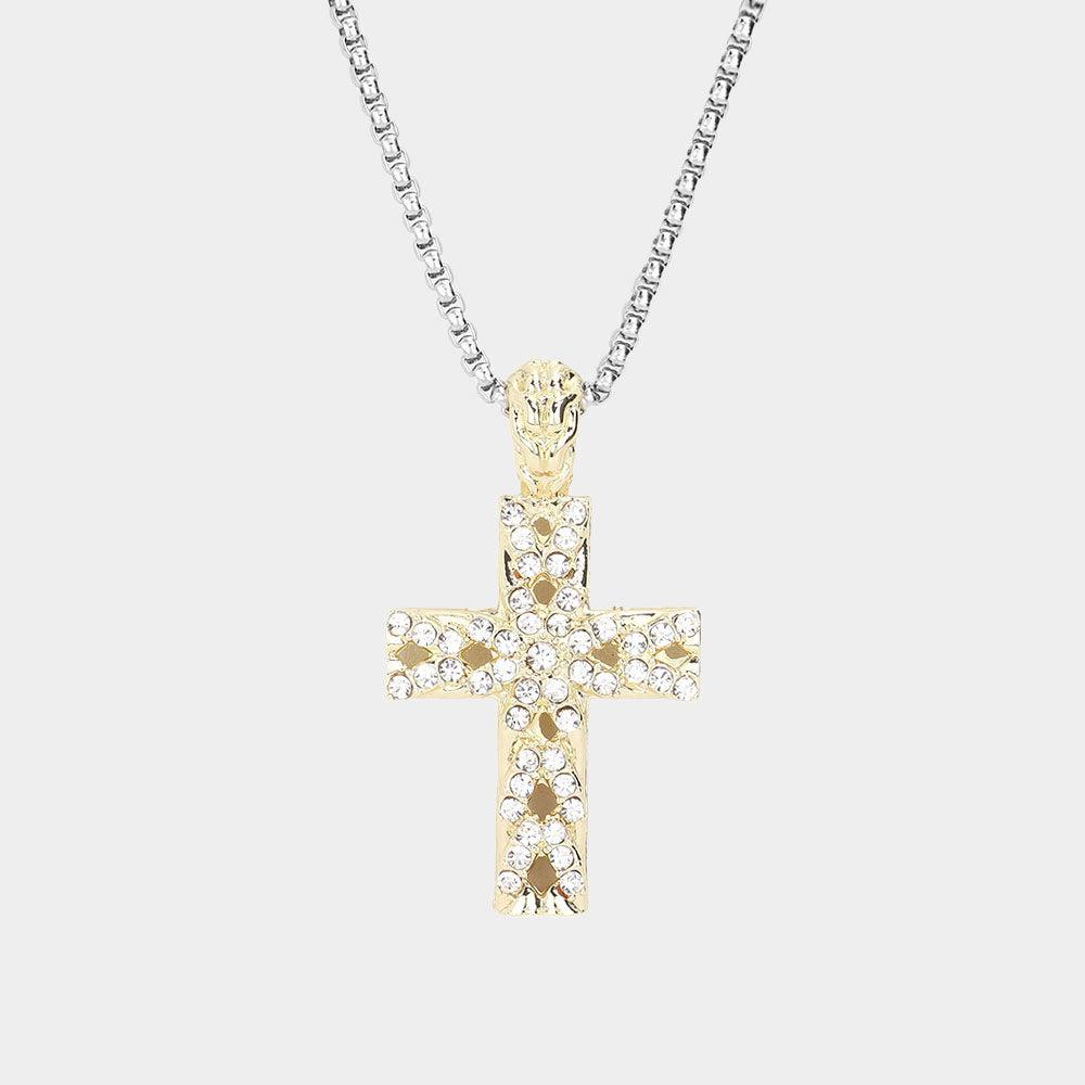 Gold 14K Gold Plated Two Tone Stone Embellished Cross Pendant Long Necklace