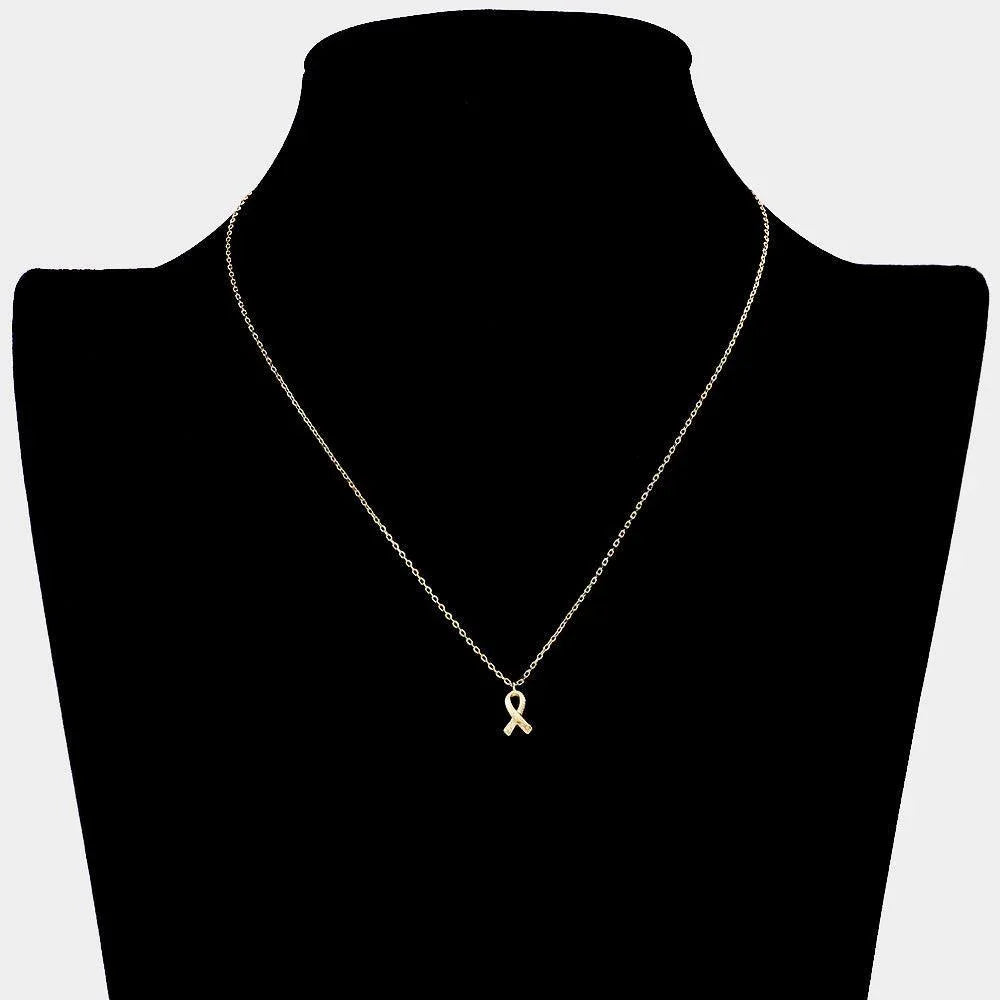 Gold Textured Matte Metal Pink Ribbon Pendant Necklace - Jewelry Store by Erik Rayo