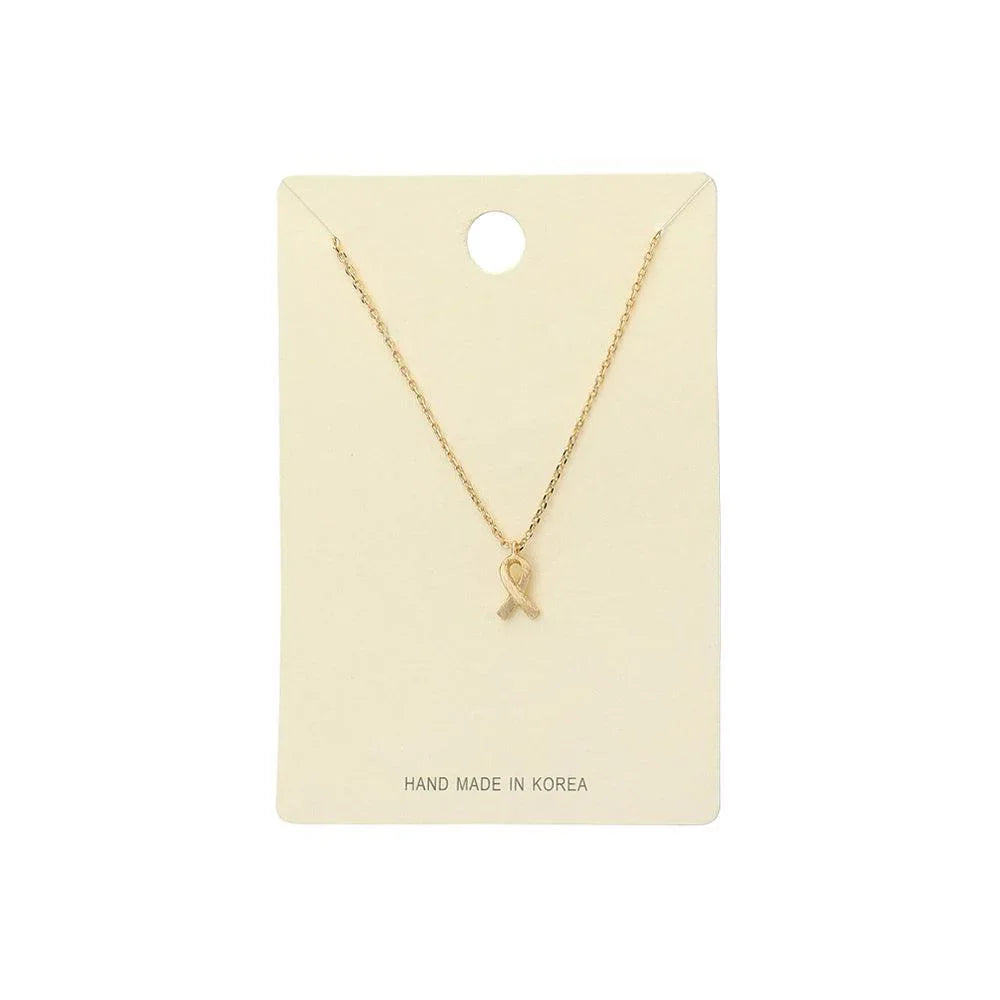 Gold Textured Matte Metal Pink Ribbon Pendant Necklace - Jewelry Store by Erik Rayo
