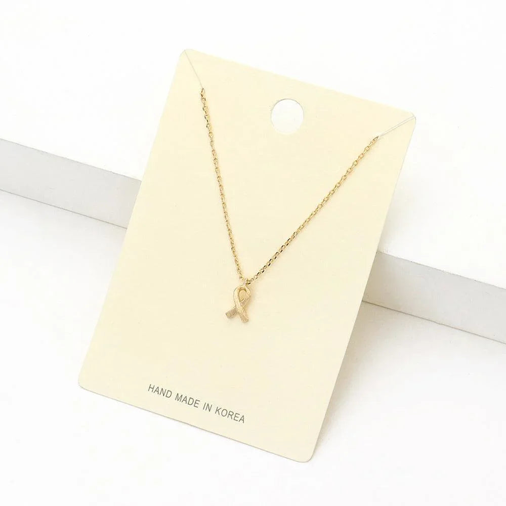Gold Textured Matte Metal Pink Ribbon Pendant Necklace - Jewelry Store by Erik Rayo