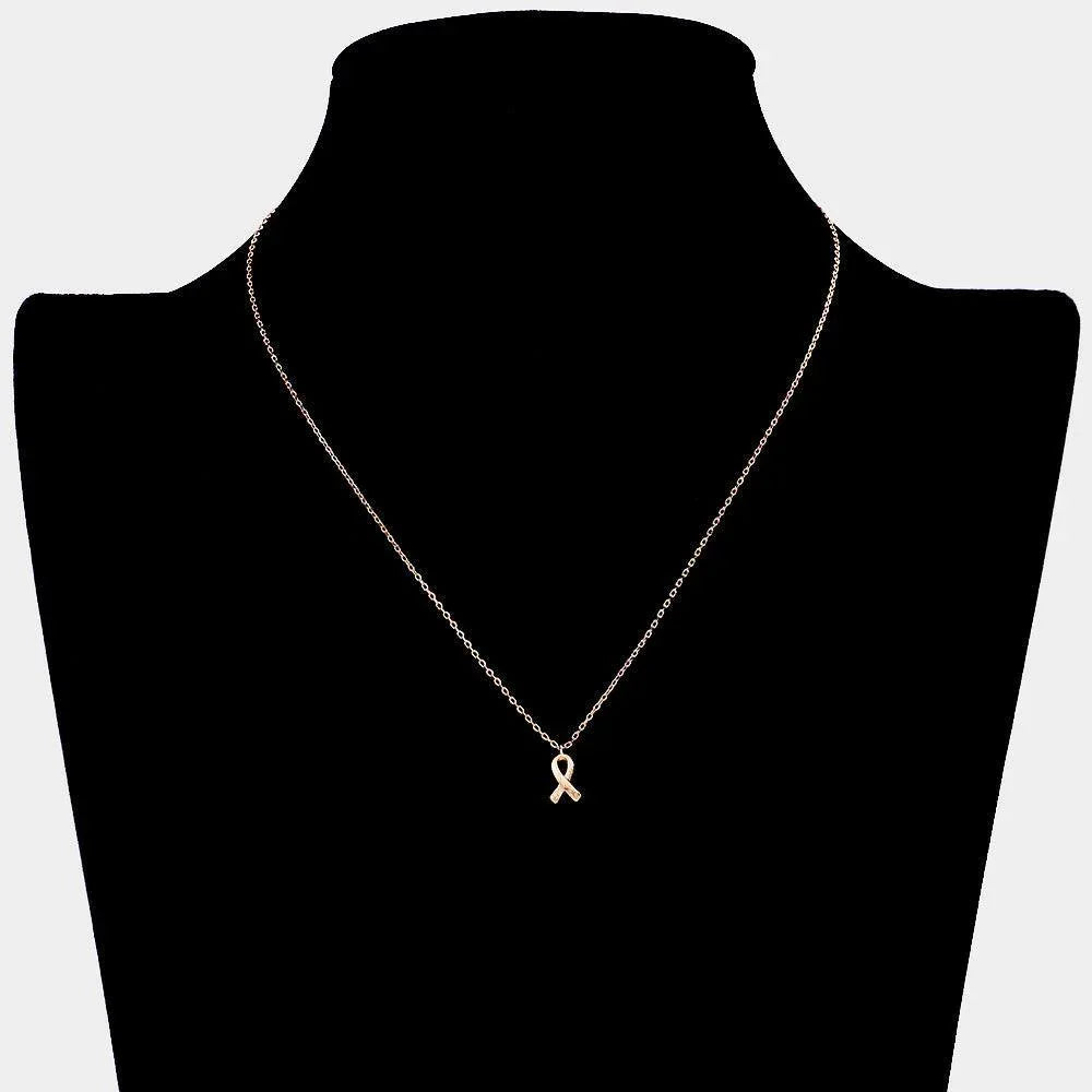 Rose Gold Textured Matte Metal Pink Ribbon Pendant Necklace - Jewelry Store by Erik Rayo
