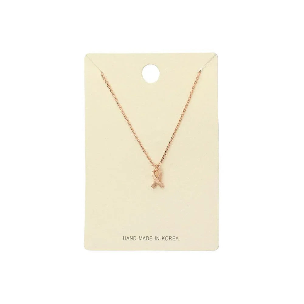 Rose Gold Textured Matte Metal Pink Ribbon Pendant Necklace - Jewelry Store by Erik Rayo