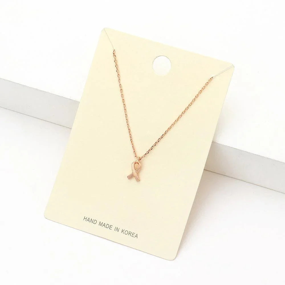 Rose Gold Textured Matte Metal Pink Ribbon Pendant Necklace - Jewelry Store by Erik Rayo