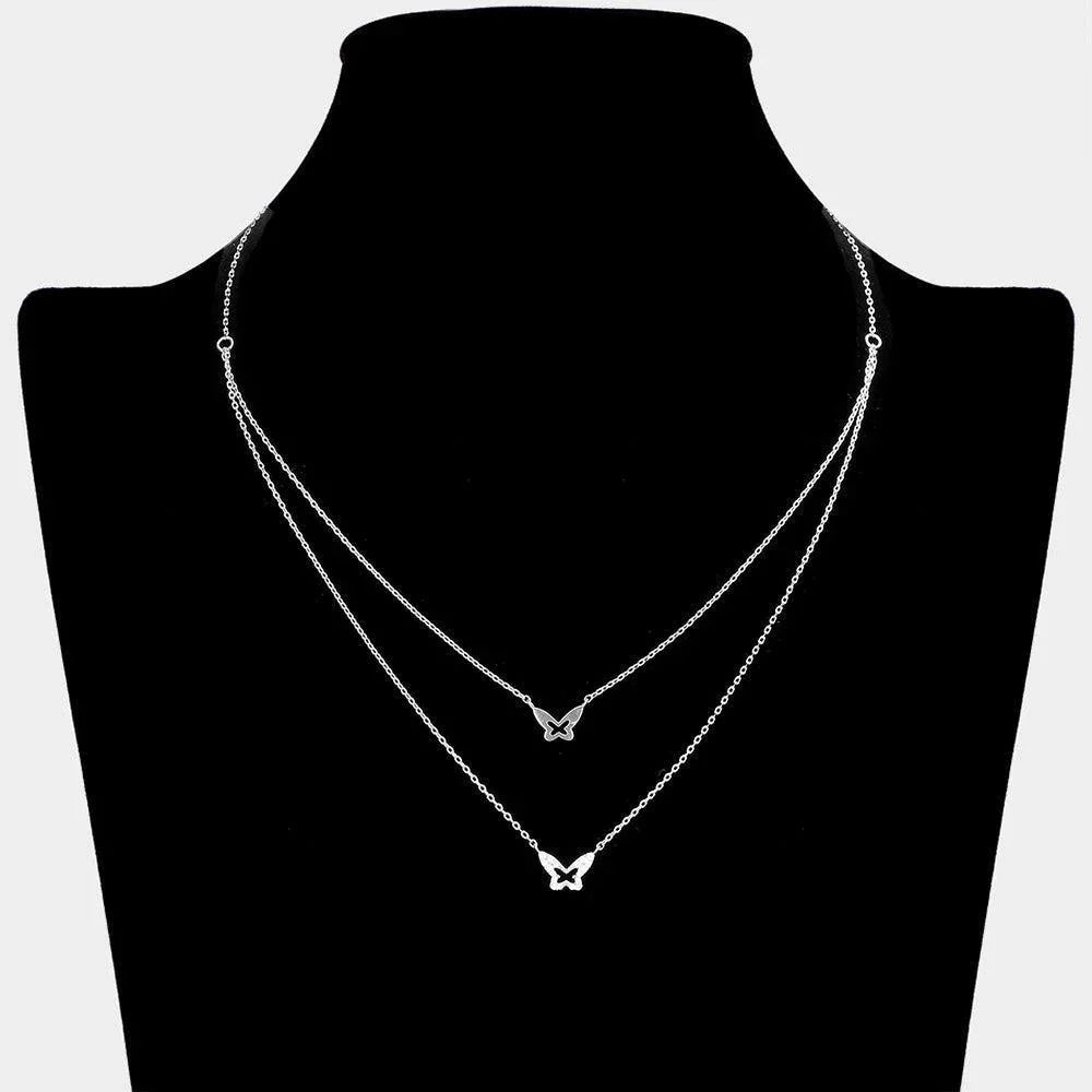 Brass Metal Rhinestone Embellished Butterfly Pendant Double Layered Necklace - Jewelry Store by Erik Rayo