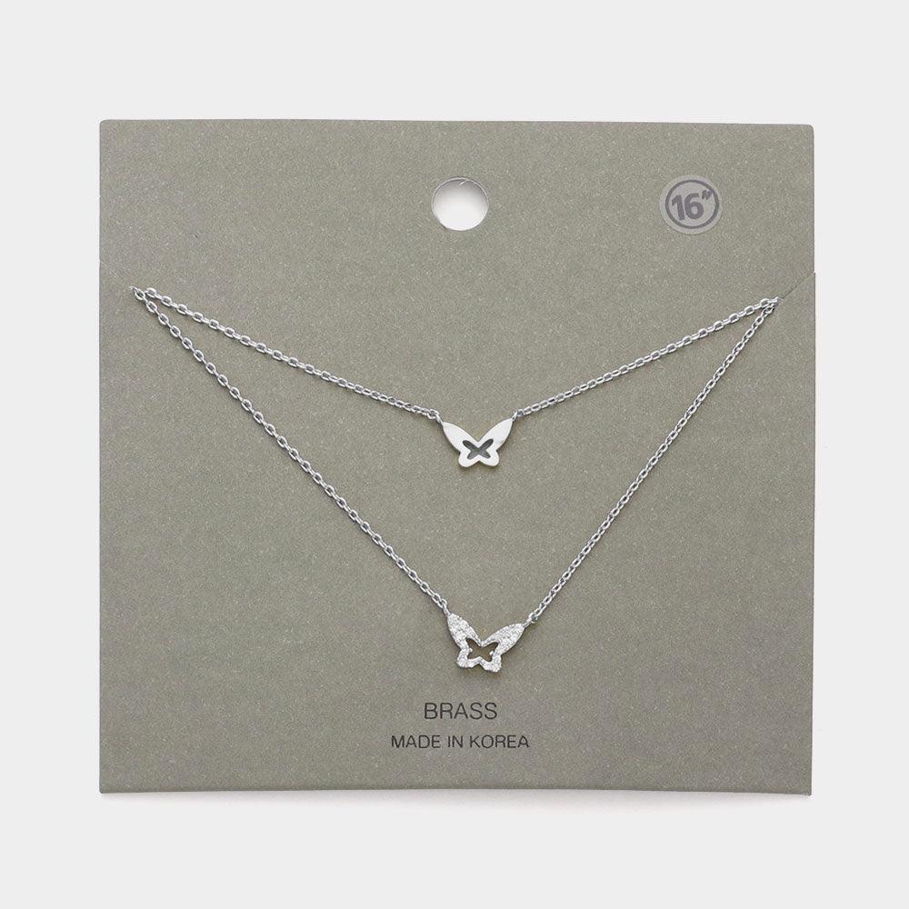 Brass Metal Rhinestone Embellished Butterfly Pendant Double Layered Necklace - Jewelry Store by Erik Rayo