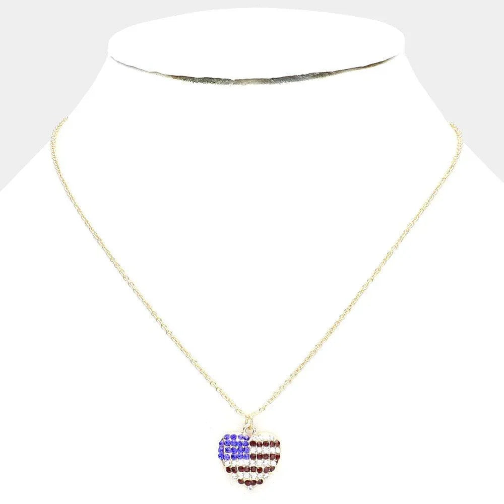 Gold Rhinestone Embellished American USA Flag Heart Pendant Necklace - Jewelry Store by Erik Rayo