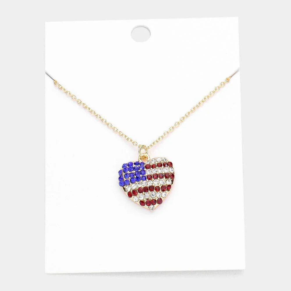 Gold Rhinestone Embellished American USA Flag Heart Pendant Necklace - Jewelry Store by Erik Rayo