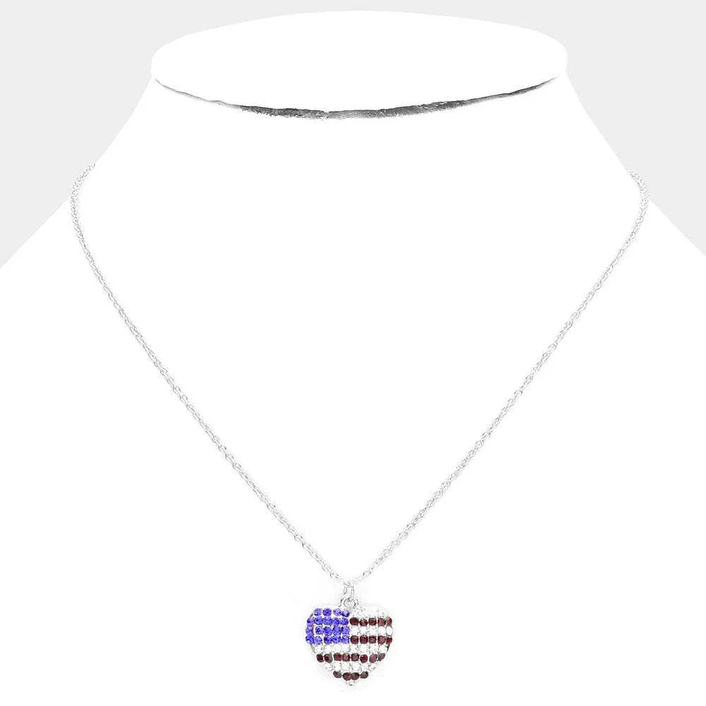 Rhinestone Embellished American USA Flag Heart Pendant Necklace - Jewelry Store by Erik Rayo