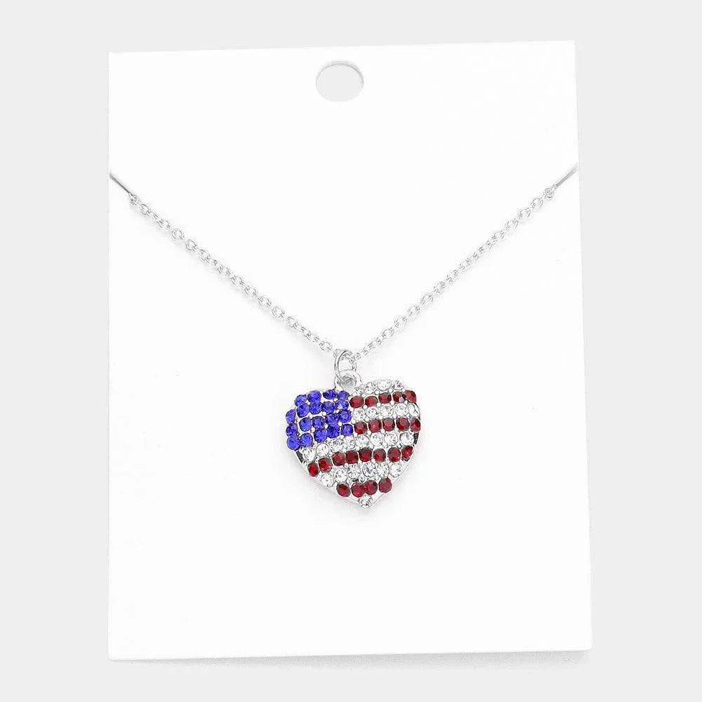 Rhinestone Embellished American USA Flag Heart Pendant Necklace - Jewelry Store by Erik Rayo