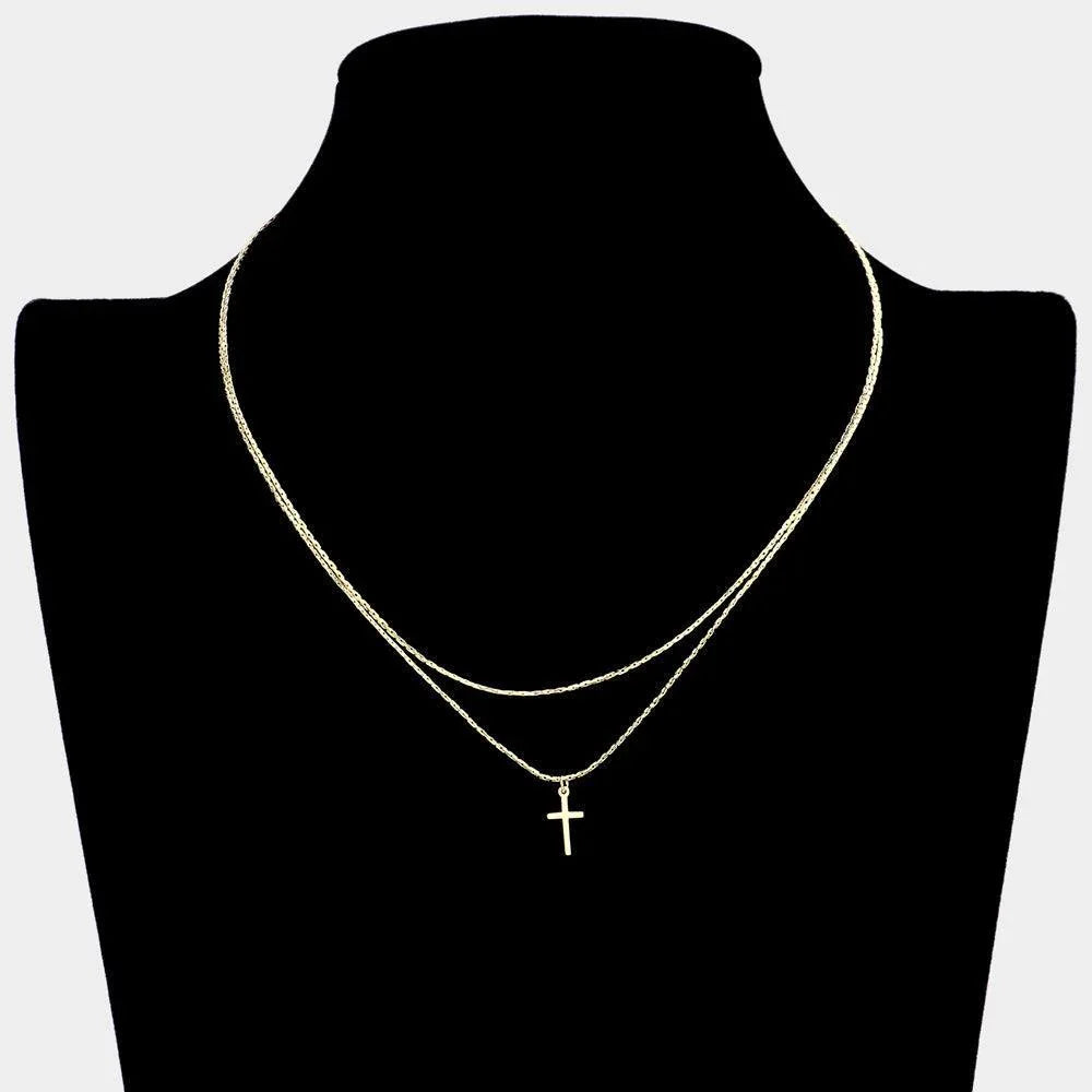 Gold Brass Metal Cross Pendant Double Layered Necklace - Jewelry Store by Erik Rayo