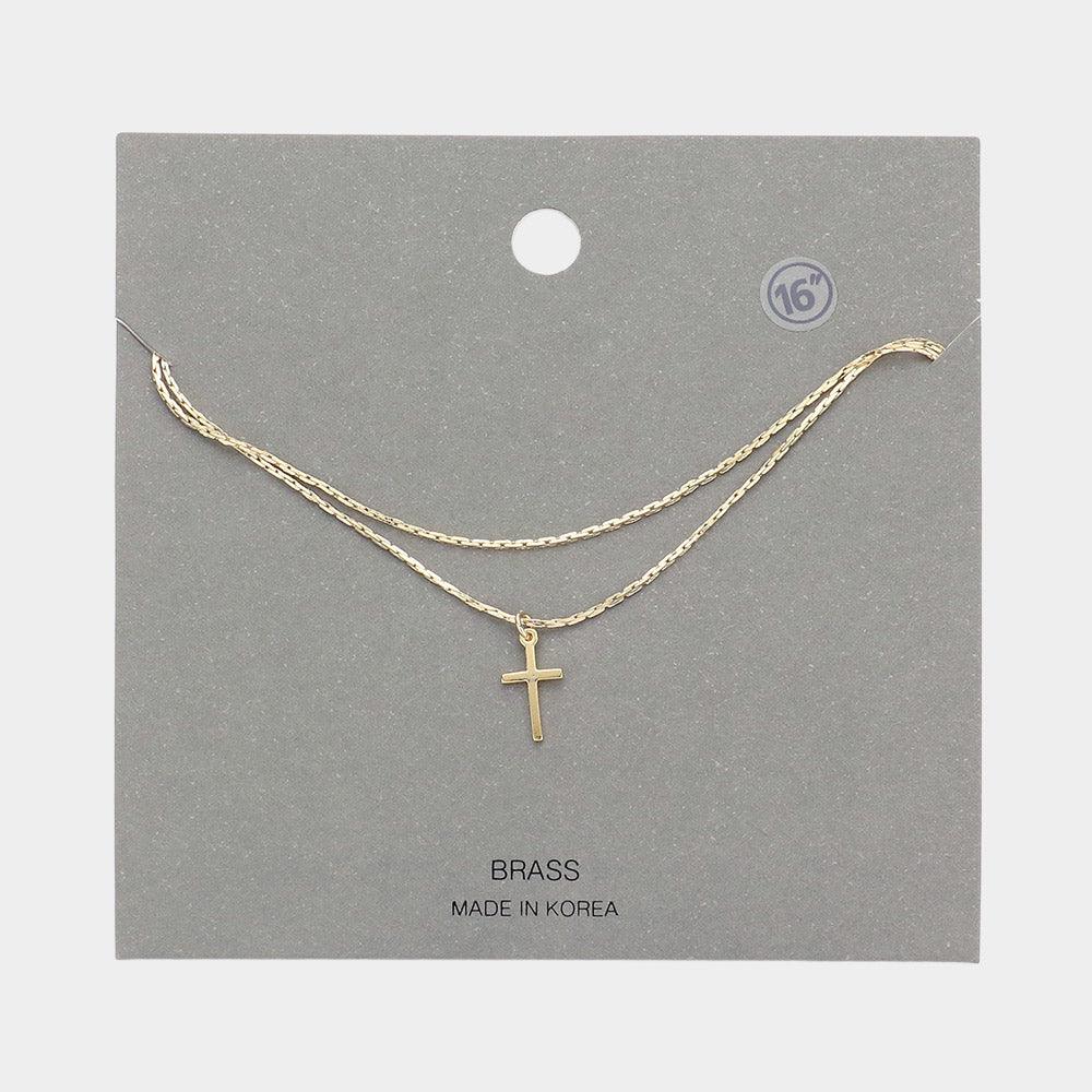 Gold Brass Metal Cross Pendant Double Layered Necklace