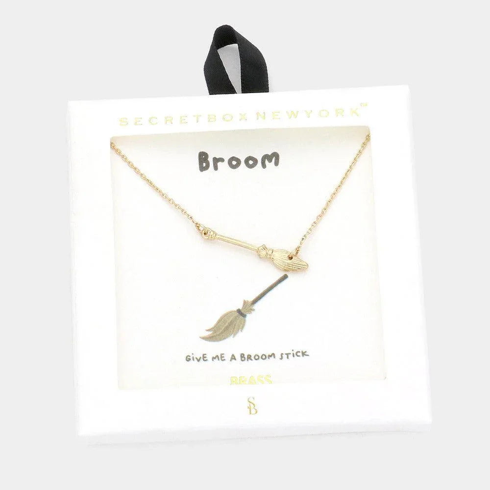 Gold Brass Metal Broom Pendant Necklace - Jewelry Store by Erik Rayo