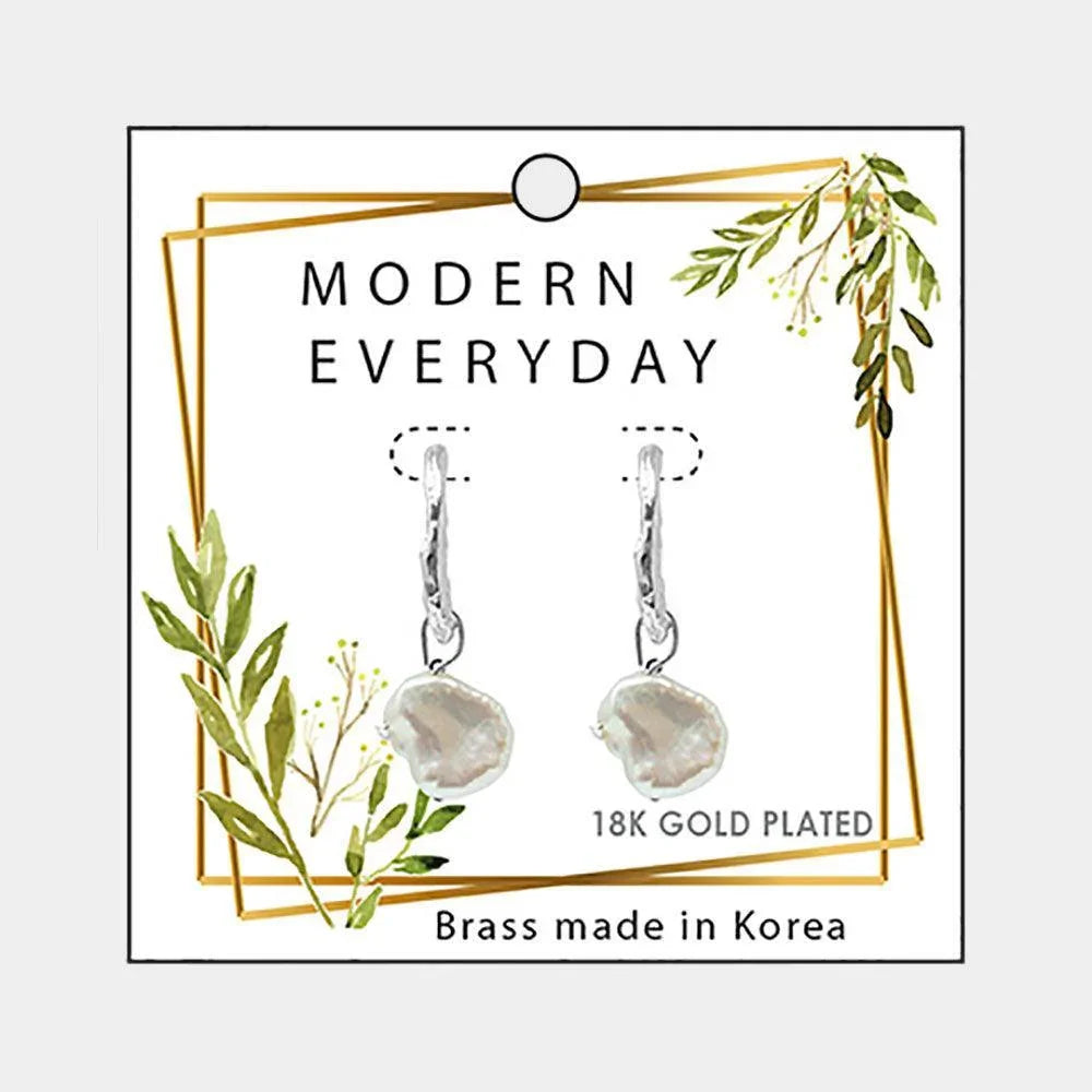 18K White Gold Plated Brass Half Metal Triangle Pearl Dangle Earrings - Jewelry Store by Erik Rayo