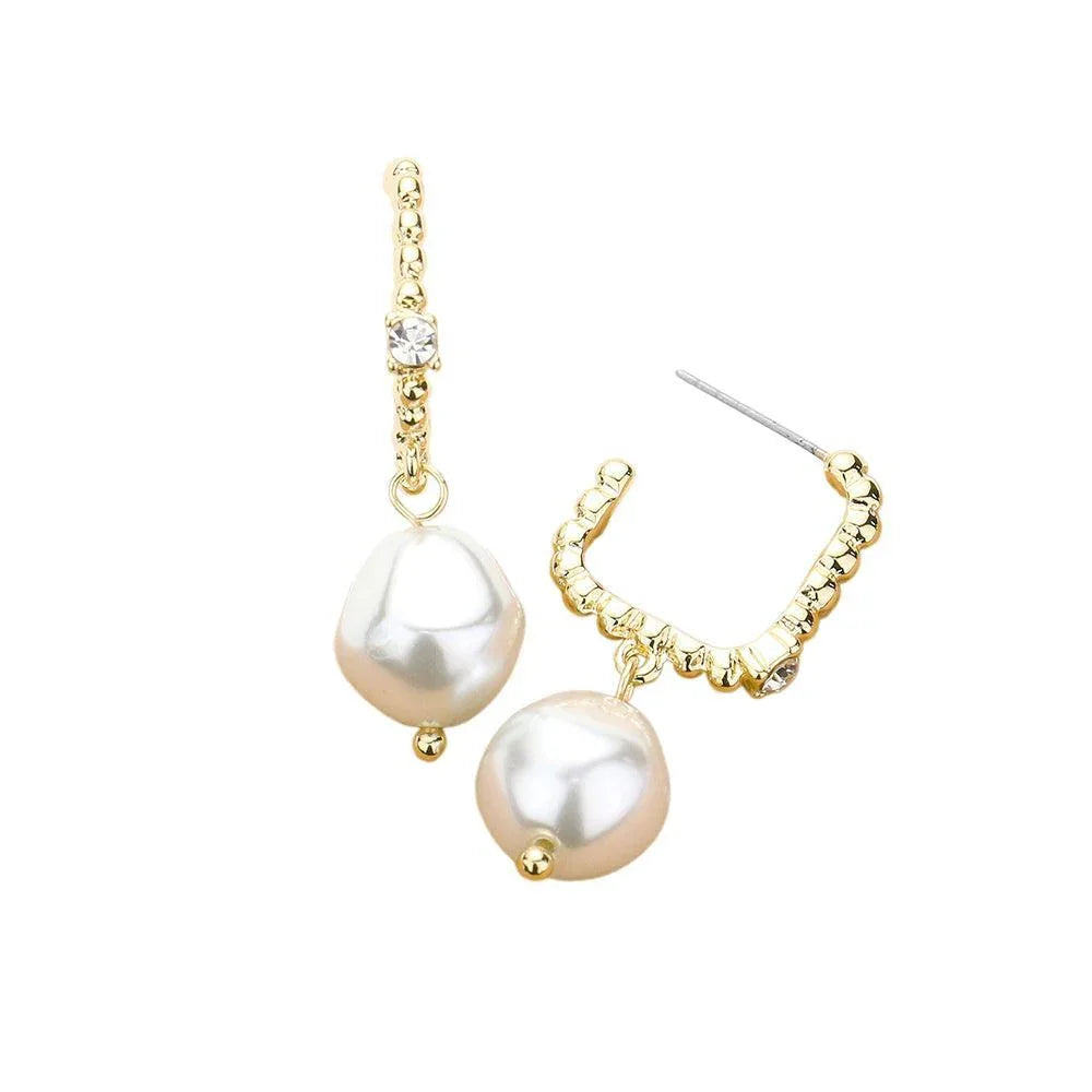 Cream Stone Pointed Metal Rectangle Hoop Pearl Link Dangle Earrings - Jewelry Store by Erik Rayo