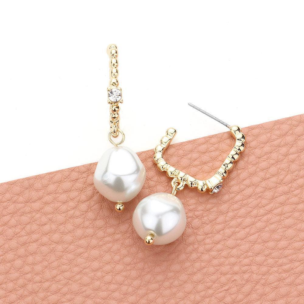 Cream Stone Pointed Metal Rectangle Hoop Pearl Link Dangle Earrings - Jewelry Store by Erik Rayo