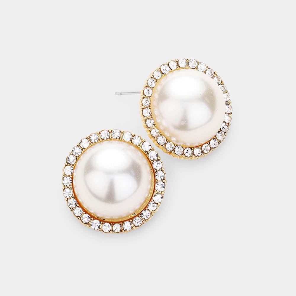 Gold Pearl Rhinestone Pave Trim Stud Earrings - Jewelry Store by Erik Rayo
