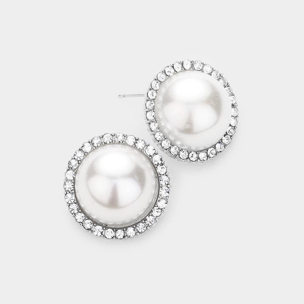 Silver Pearl Rhinestone Pave Trim Stud Earrings - Jewelry Store by Erik Rayo