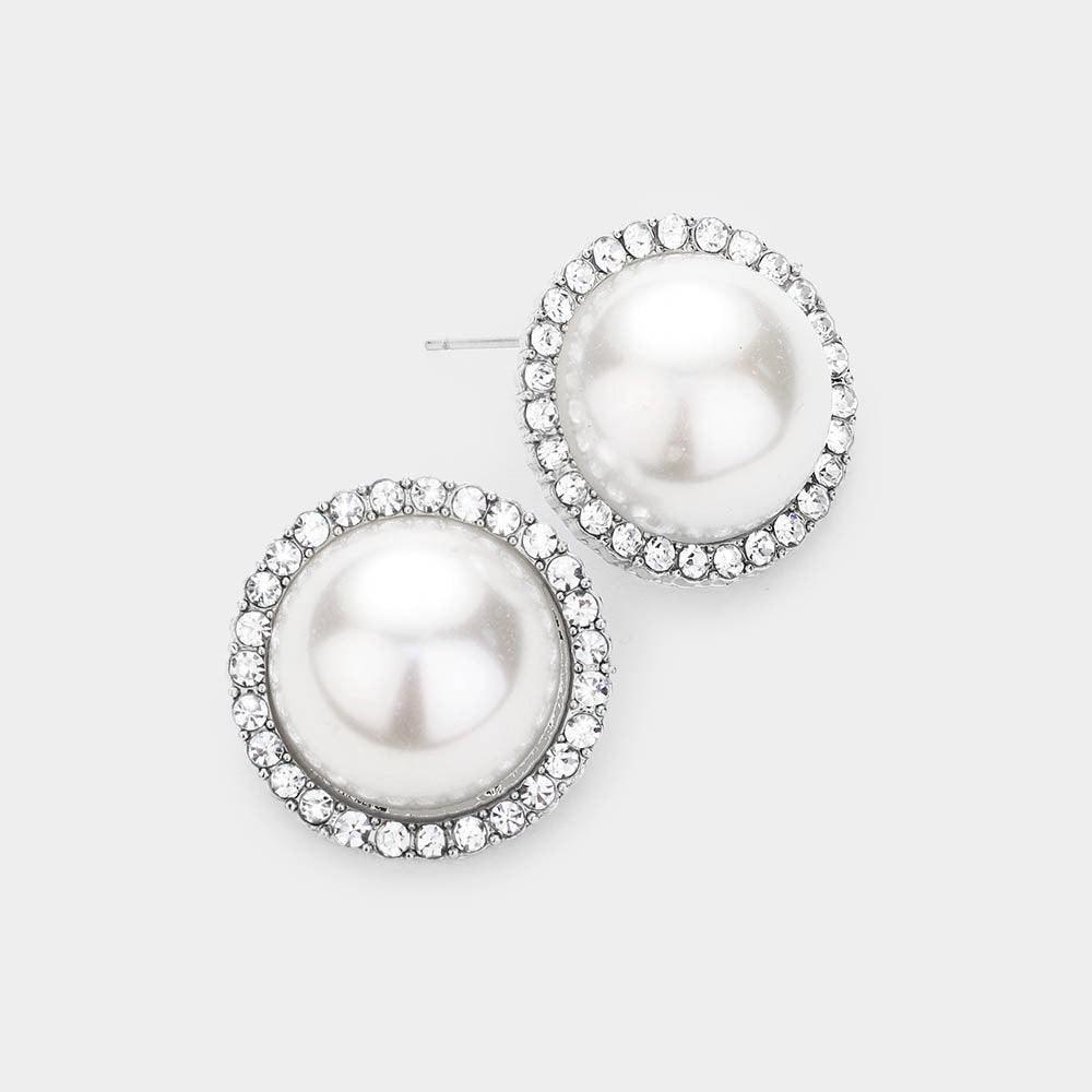 Silver Pearl Rhinestone Pave Trim Stud Earrings