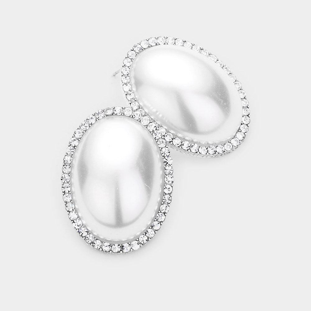 White Oval Pearl Rhinestone Pave Earrings - Jewelry Store by Erik Rayo
