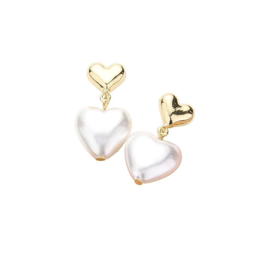 Cream Metal Pearl Heart Link Dangle Earrings - Jewelry Store by Erik Rayo