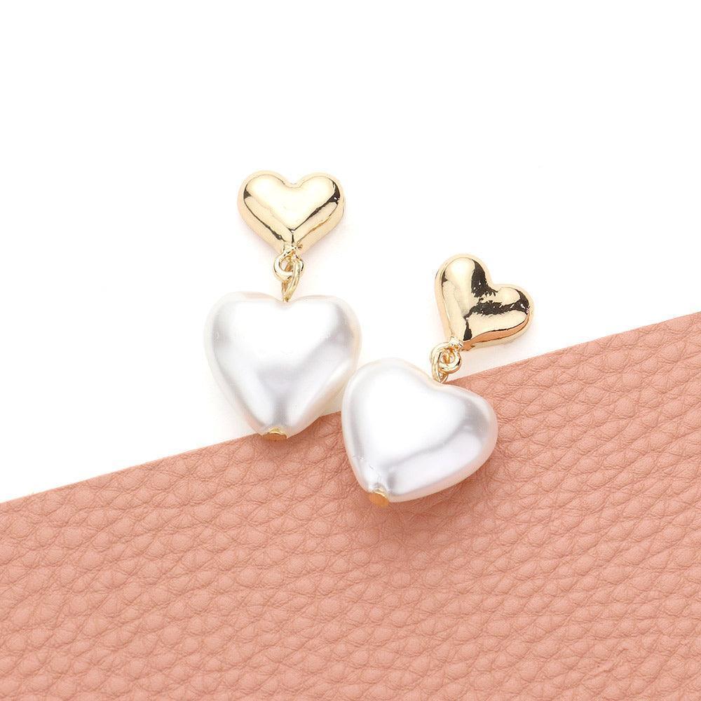 Cream Metal Pearl Heart Link Dangle Earrings - Jewelry Store by Erik Rayo