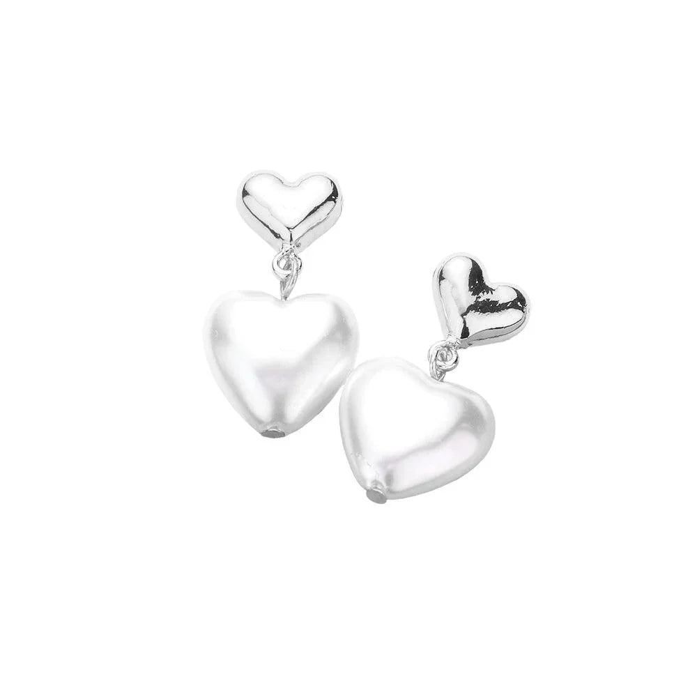 Cream Metal Pearl Heart Link Dangle Earrings - Jewelry Store by Erik Rayo