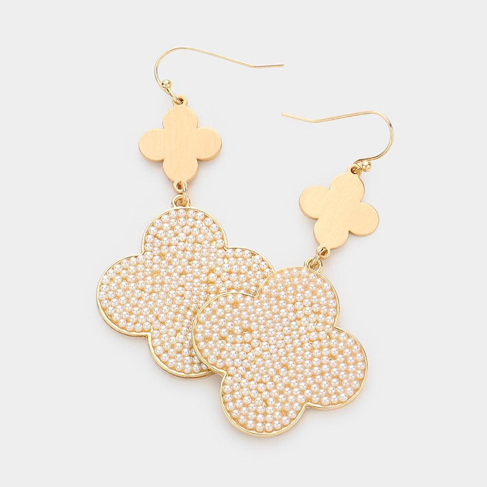 Cream Pearl Paved Quatrefoil Dangle Earrings - Jewelry Store by Erik Rayo