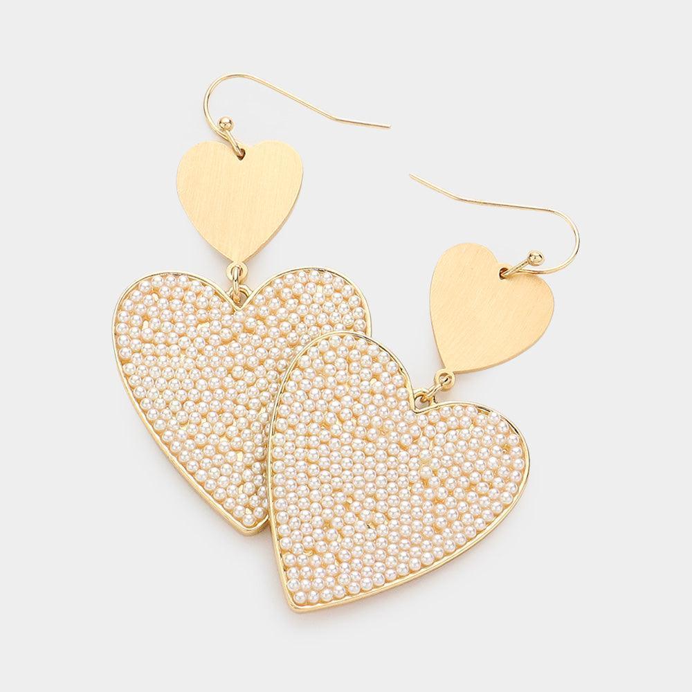 Cream Pearl Paved Heart Dangle Earrings - Jewelry Store by Erik Rayo