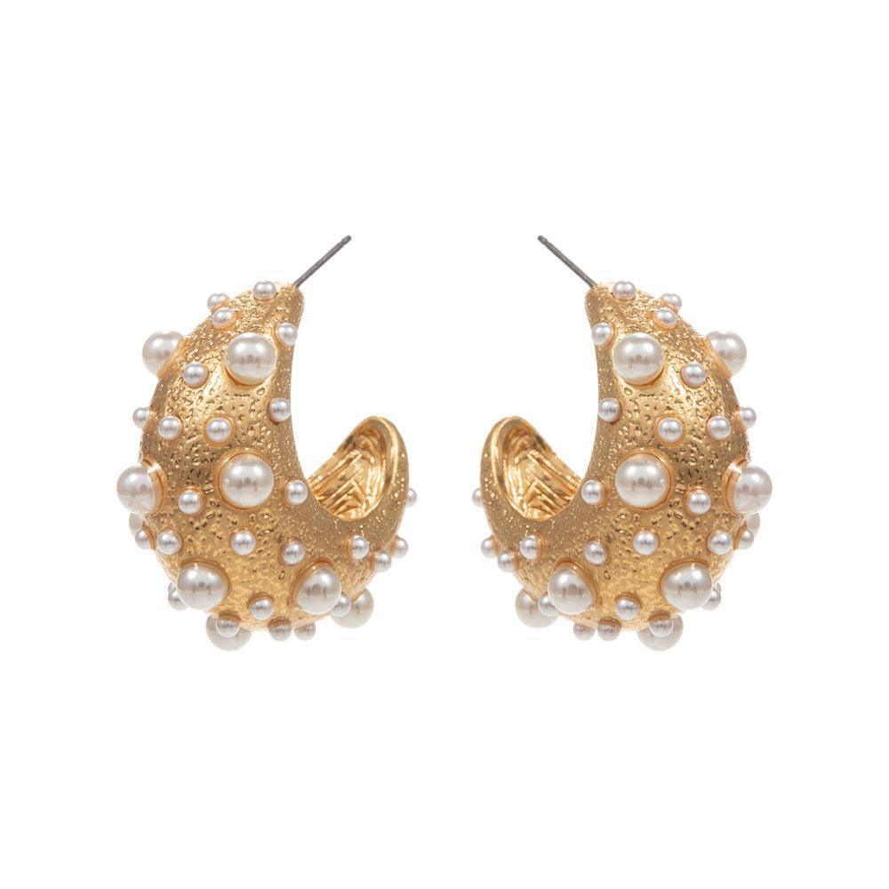 Gold Pearl Embellished Metal Hoop Earrings - Jewelry Store by Erik Rayo