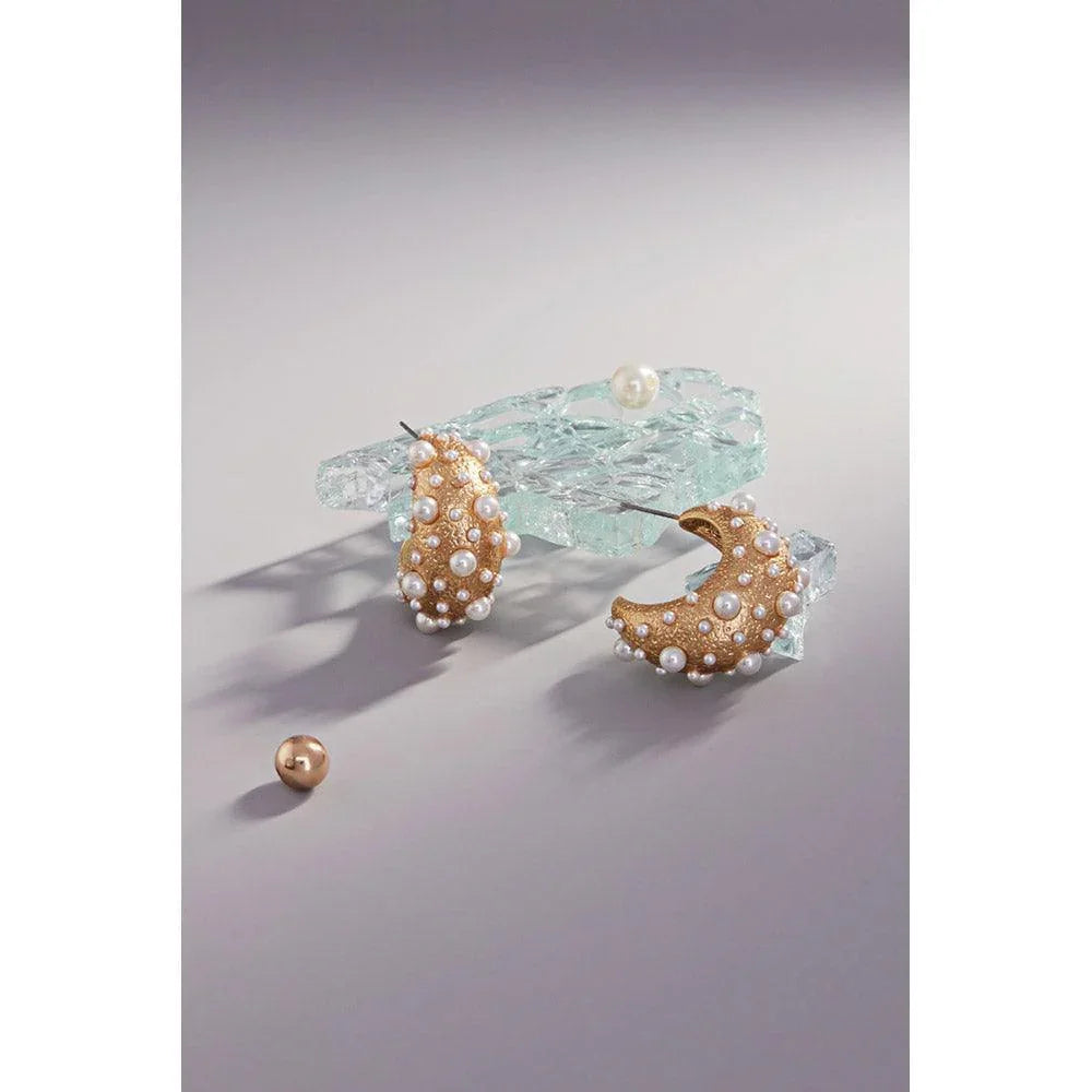 Gold Pearl Embellished Metal Hoop Earrings - Jewelry Store by Erik Rayo